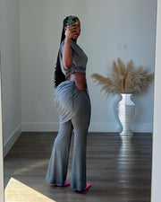 Pleated round neck irregular flared trousers suit