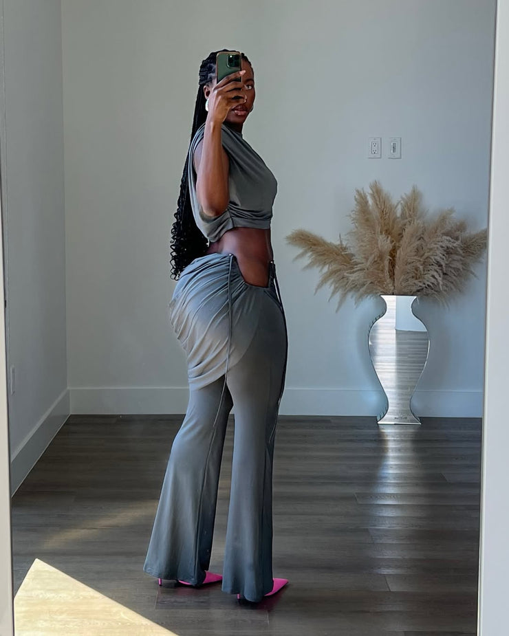 Pleated round neck irregular flared trousers suit