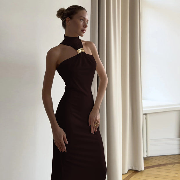 Metal Button Slim Fit Long Dress