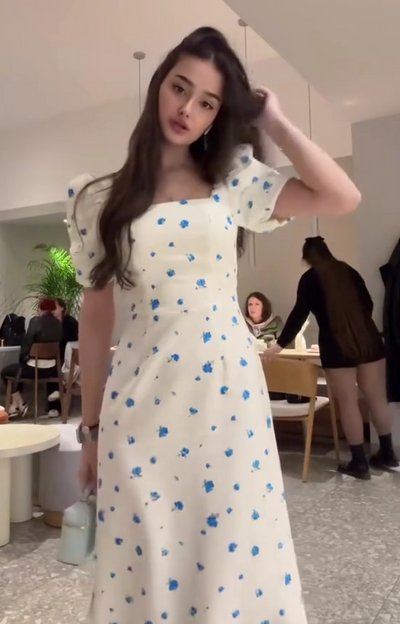 European and American French style floral short sleeve dress
