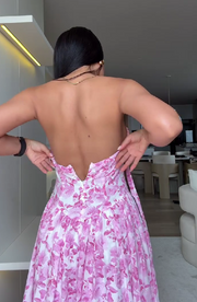Floral print lace-up suspender dress