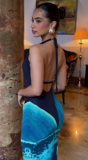Deep V halterneck backless dress with ocean wave print