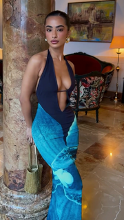 Deep V halterneck backless dress with ocean wave print