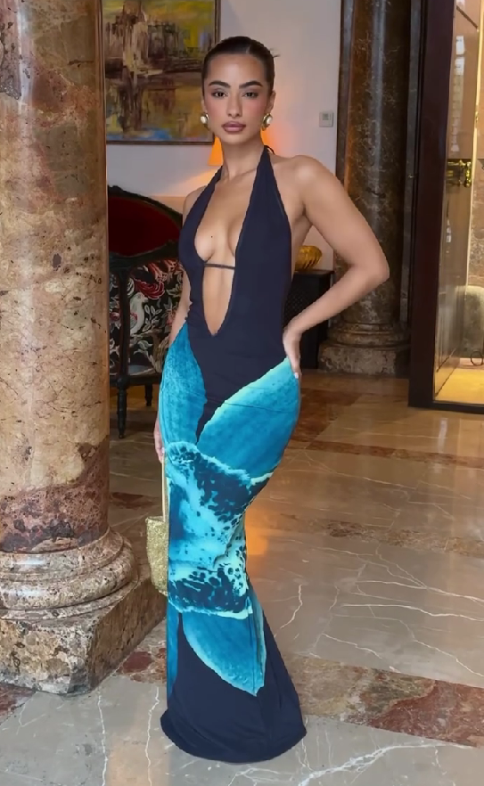 Deep V halterneck backless dress with ocean wave print