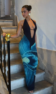 Deep V halterneck backless dress with ocean wave print
