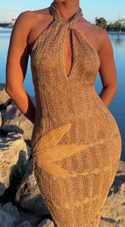 Brown Knitted Leaf Print Dress