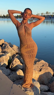 Brown Knitted Leaf Print Dress