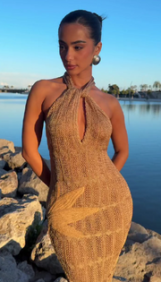 Brown Knitted Leaf Print Dress