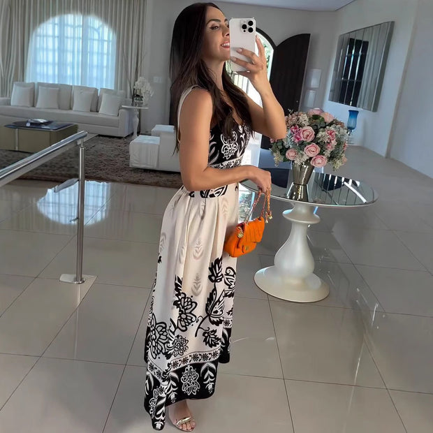 Printed sleeveless V-neck dress
