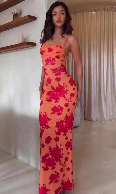 Sexy backless halter dress with print
