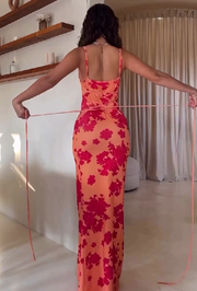 Sexy backless halter dress with print