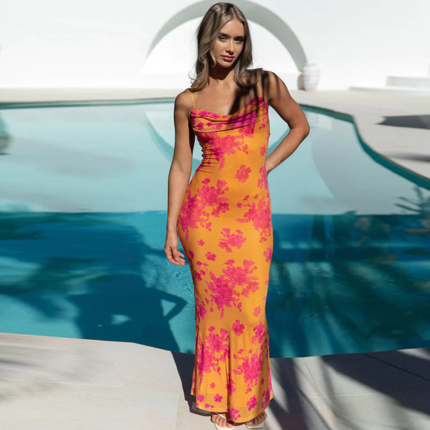 Sexy backless halter dress with print