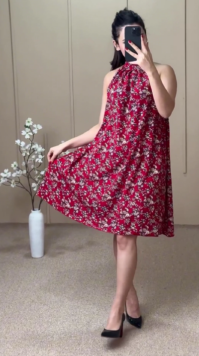 Red floral dress holiday long skirt