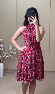 Red floral dress holiday long skirt