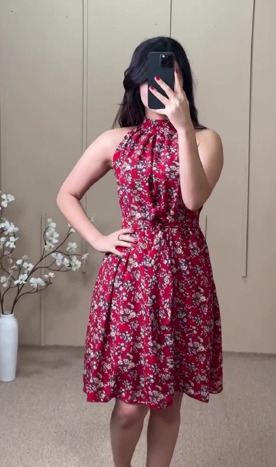 Red floral dress holiday long skirt