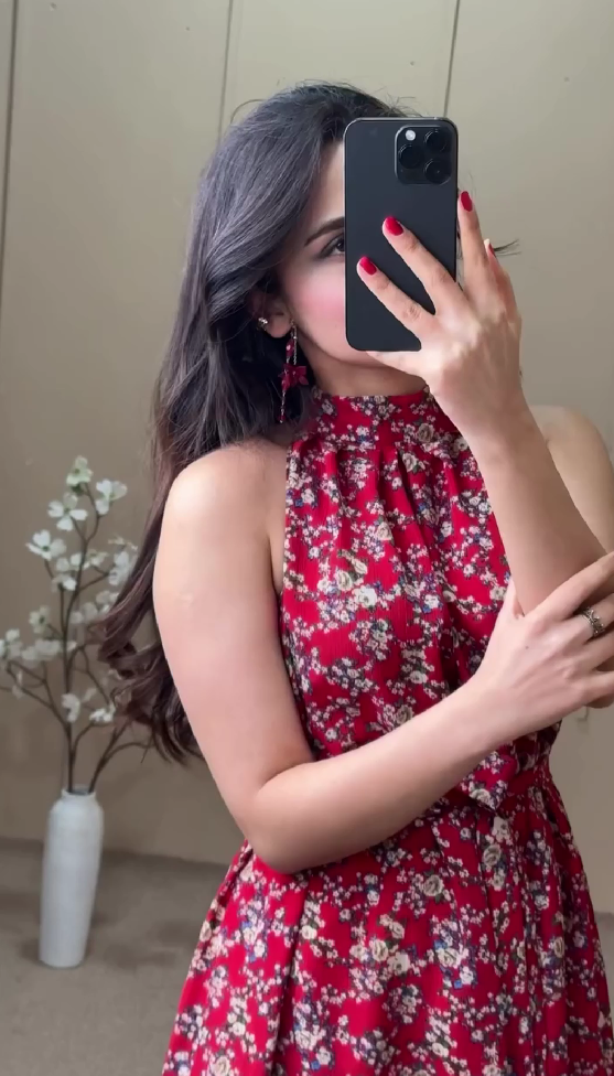 Red floral dress holiday long skirt