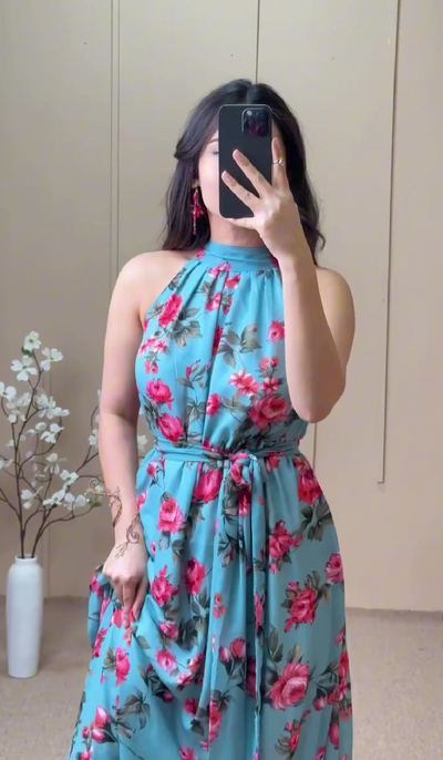 Blue Sleeveless Rose Print Dress