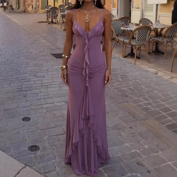 Elegant Fitted Floral Ribbon Sling Dress
