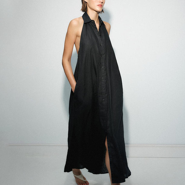 Halter solid color button elegant sleeveless waist dress
