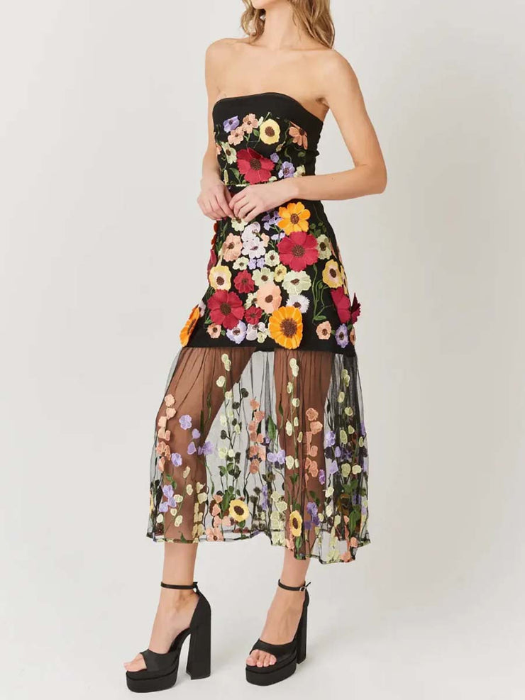3D Floral Strapless Maxi Dress