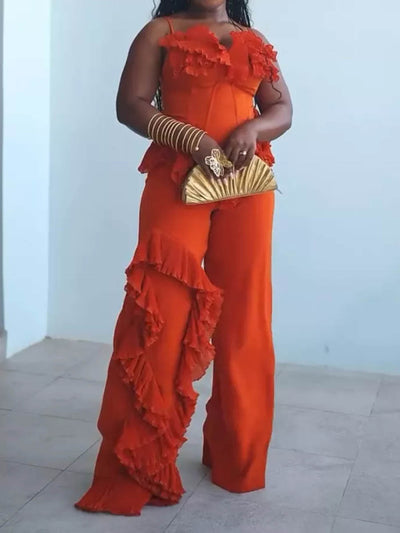 Spaghetti Straps Elaborate Pleated Ruffles Two Pieces Set
