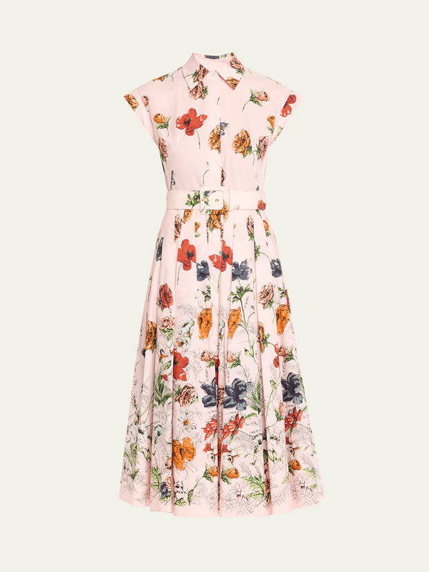 Floral Print Cap-Sleeve Pleated Dress