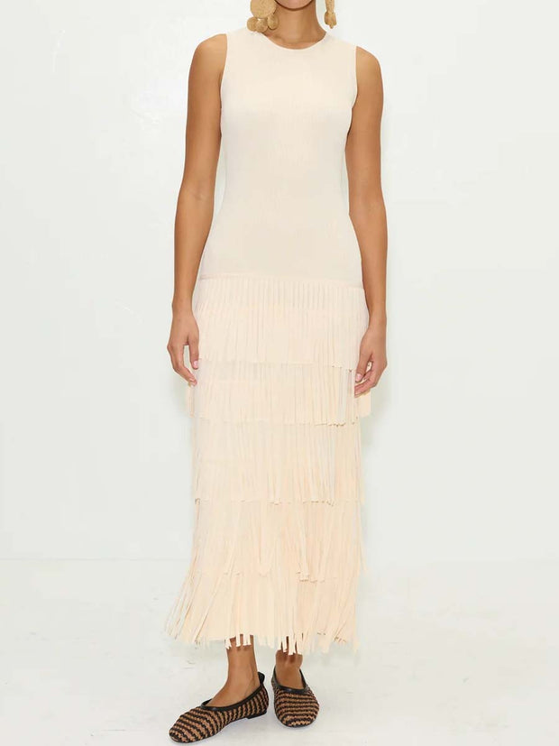 Sleeveless Knit Fringd Maxi Dress