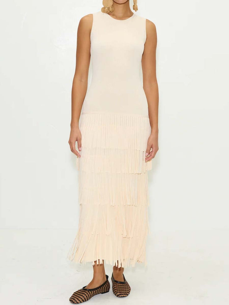 Sleeveless Knit Fringd Maxi Dress