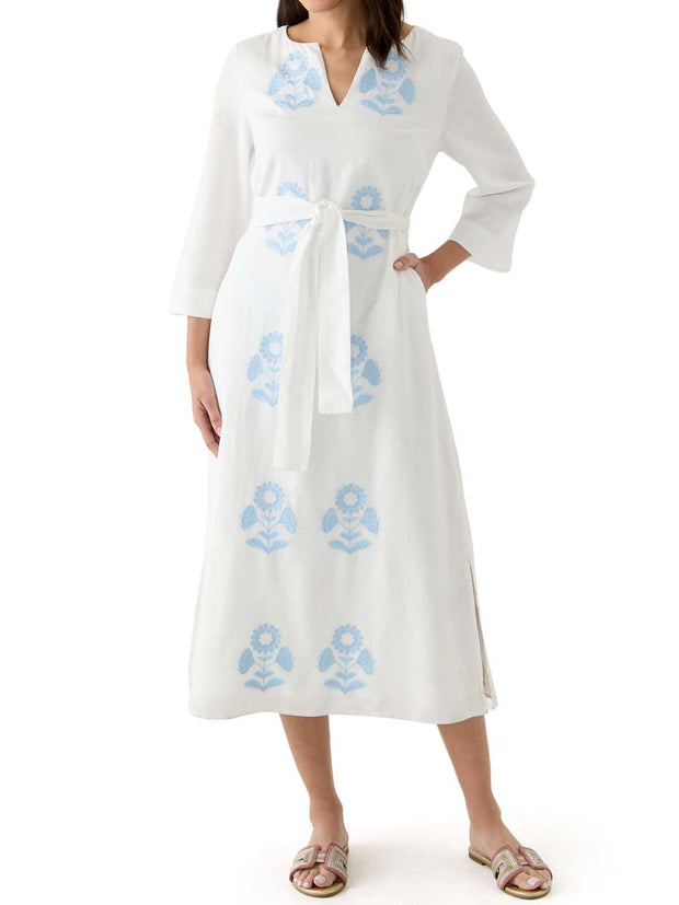 Embroidered Split Neck Belted Maxi Dress