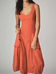 Scoop Neck Pockets Bubble-hem Midi Dress