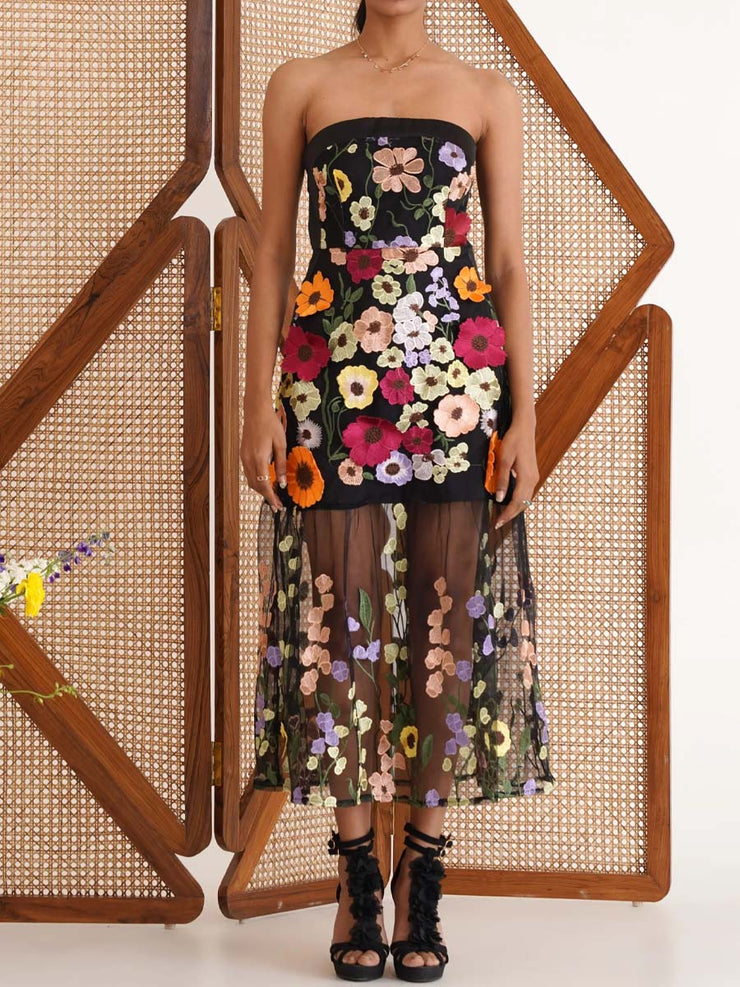 3D Floral Strapless Maxi Dress