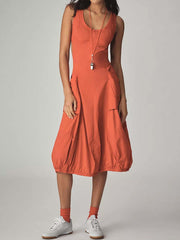 Scoop Neck Pockets Bubble-hem Midi Dress