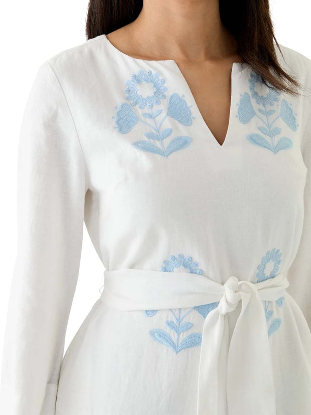 Embroidered Split Neck Belted Maxi Dress
