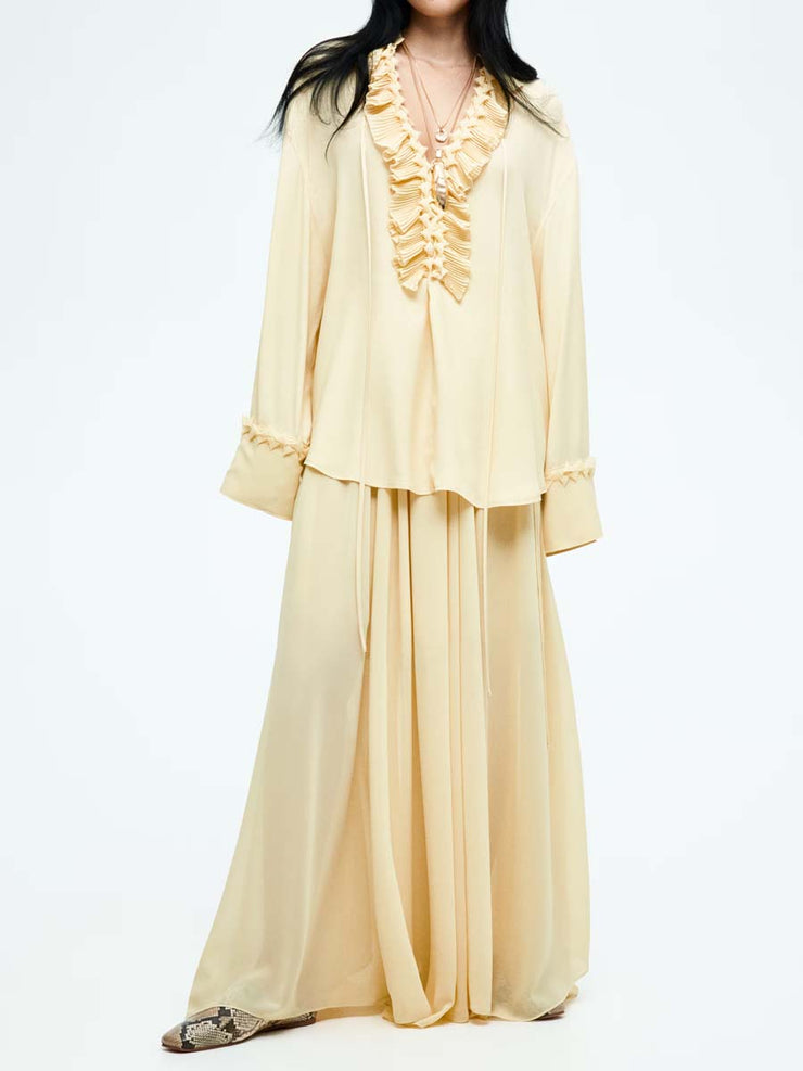 Chiffon Band Collar Ruffled Two Pieces Dress