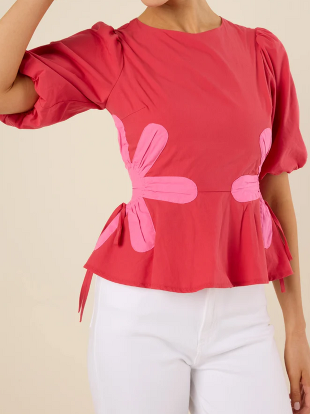 Bubble Sleeve Printed Waist Cinching Top