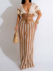 Sexy V Neck Cutout Striped Knit Two Pieces Dress