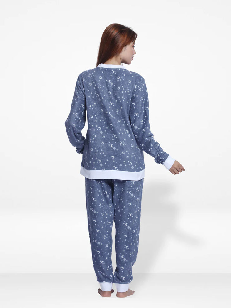 Women Micro Polar Fleece Sleepwear Long Sleeve Blue Moon Star printed Pyjama Set