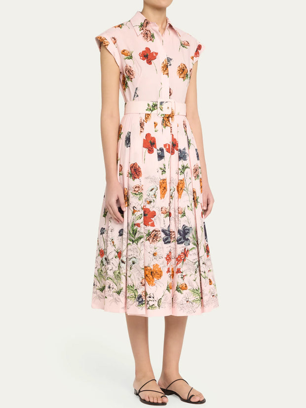 Floral Print Cap-Sleeve Pleated Dress