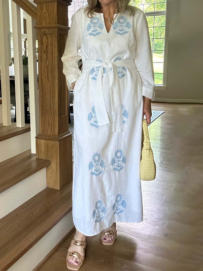 Embroidered Split Neck Belted Maxi Dress