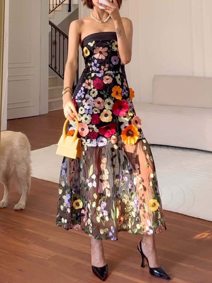 3D Floral Strapless Maxi Dress