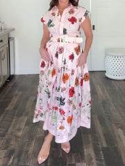 Floral Print Cap-Sleeve Pleated Dress