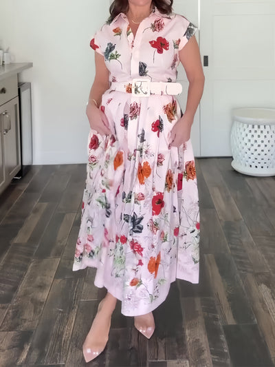 Floral Print Cap-Sleeve Pleated Dress