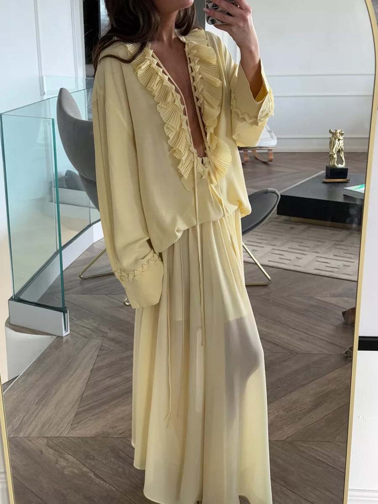 Chiffon Band Collar Ruffled Two Pieces Dress
