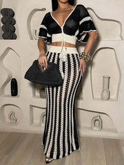 Sexy V Neck Cutout Striped Knit Two Pieces Dress