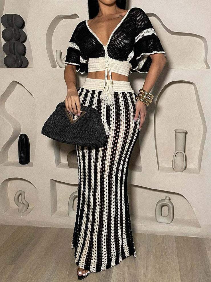 Sexy V Neck Cutout Striped Knit Two Pieces Dress