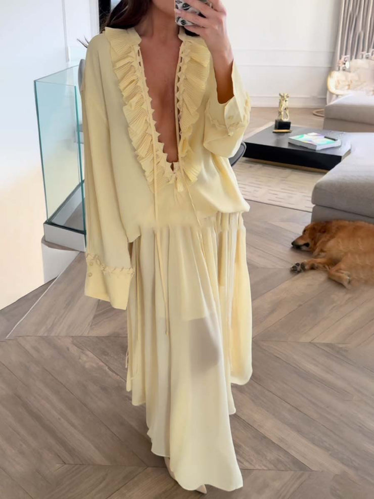 Chiffon Band Collar Ruffled Two Pieces Dress