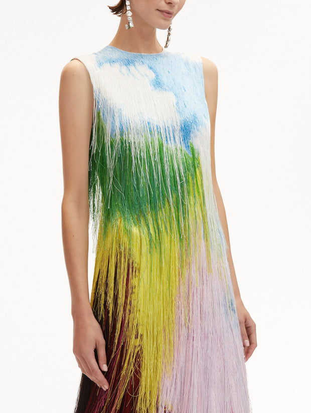 Abstract Watercolor Fringe Cocktail Dress