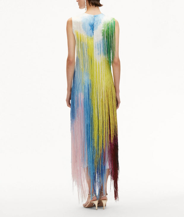 Abstract Watercolor Fringe Cocktail Dress