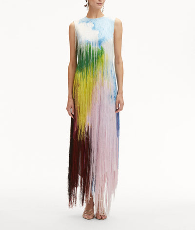 Abstract Watercolor Fringe Cocktail Dress
