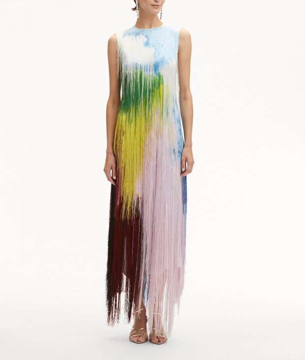 Abstract Watercolor Fringe Cocktail Dress